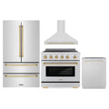ZLINE 4-Piece Appliance Package - 36-Inch Autograph Edition Induction Range, Wall Mount Range Hood, 36-Inch French Door Refrigerator, and Dishwasher in Stainless Steel with Gold Trim