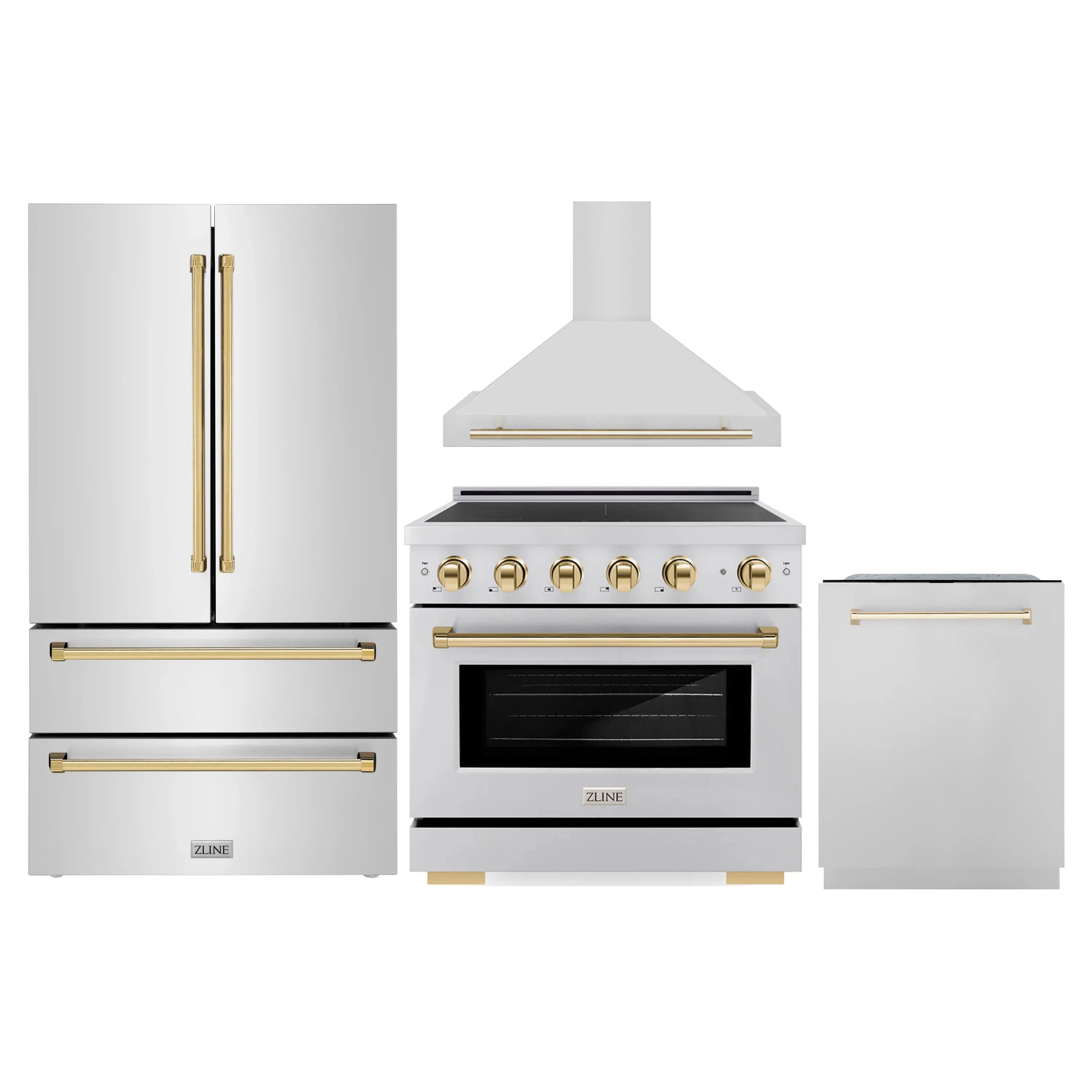Stainless steel appliance set with gold-trim range, hood, refrigerator, and dishwasher