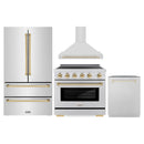 ZLINE 4-Piece Appliance Package - 36-Inch Autograph Edition Induction Range, Wall Mount Range Hood, 36-Inch French Door Refrigerator, and Dishwasher in Stainless Steel with Gold Trim