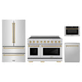 ZLINE 4-Piece Appliance Package - 48-Inch Paramount Induction Range, Refrigerator, Dishwasher, and 24-Inch Microwave Drawer in Stainless Steel with Champagne Bronze Accents
