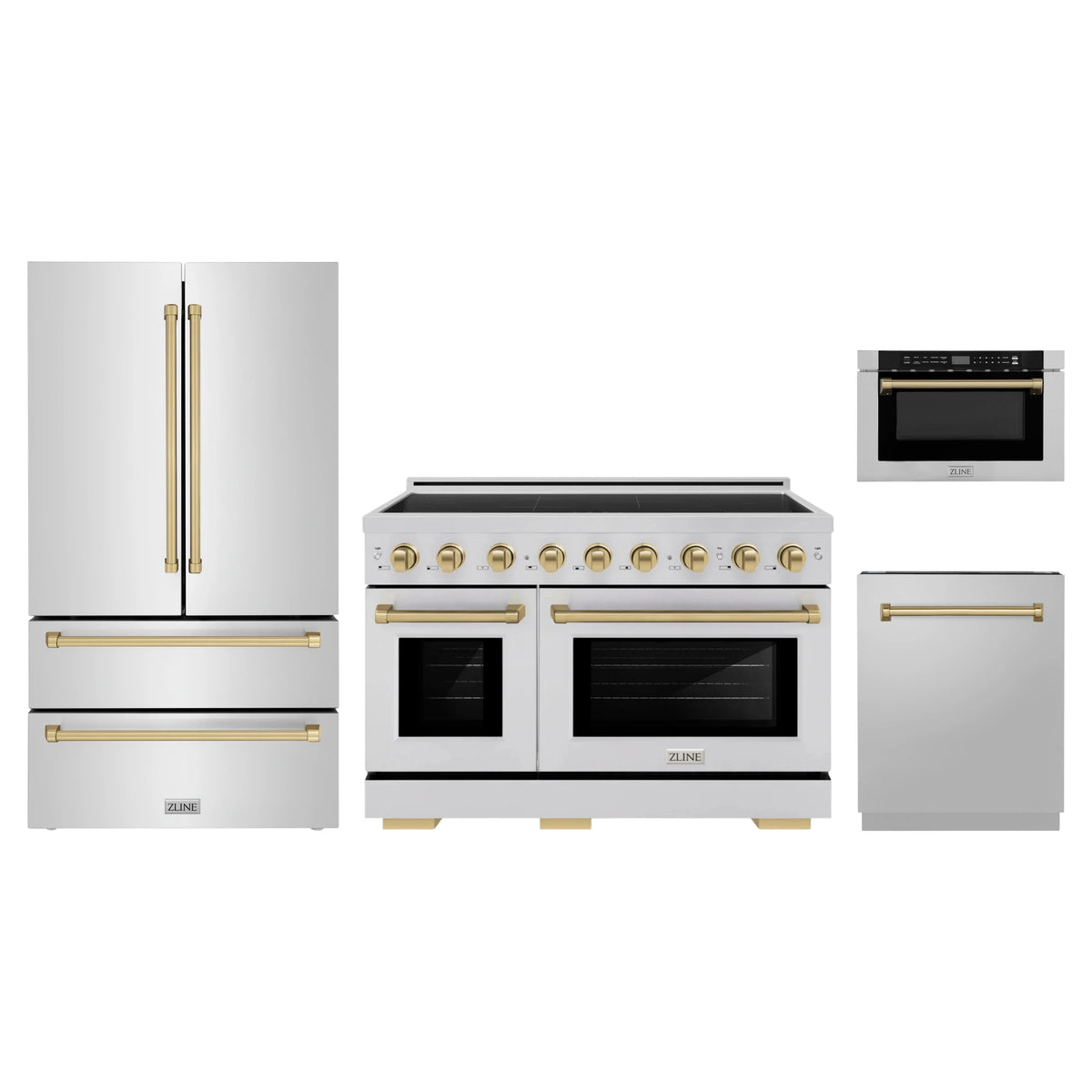 ZLINE 4-Piece Appliance Package - 48-Inch Paramount Induction Range, Refrigerator, Dishwasher, and 24-Inch Microwave Drawer in Stainless Steel with Champagne Bronze Accents