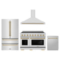 ZLINE 4-Piece Appliance Package - 48-Inch Autograph Edition Induction Range, Wall Mount Range Hood, 36-Inch French Door Refrigerator, and Dishwasher in Stainless Steel with Champagne Bronze Trim