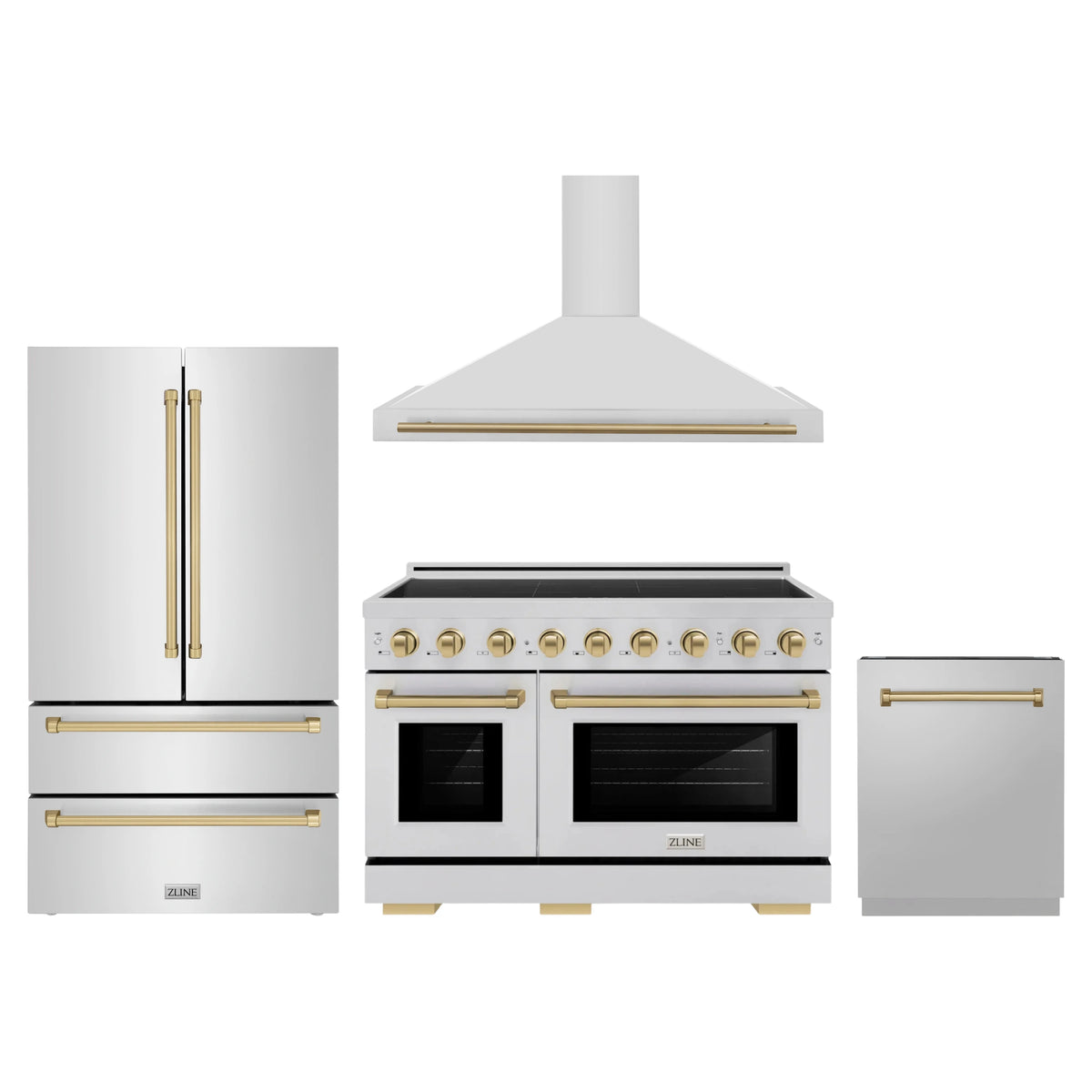 ZLINE 4-Piece Appliance Package - 48-Inch Autograph Edition Induction Range, Wall Mount Range Hood, 36-Inch French Door Refrigerator, and Dishwasher in Stainless Steel with Champagne Bronze Trim