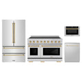 ZLINE 4-Piece Appliance Package - 48-Inch Paramount Induction Range, Refrigerator, Dishwasher, and 24-Inch Microwave Drawer in Stainless Steel with Gold Accents