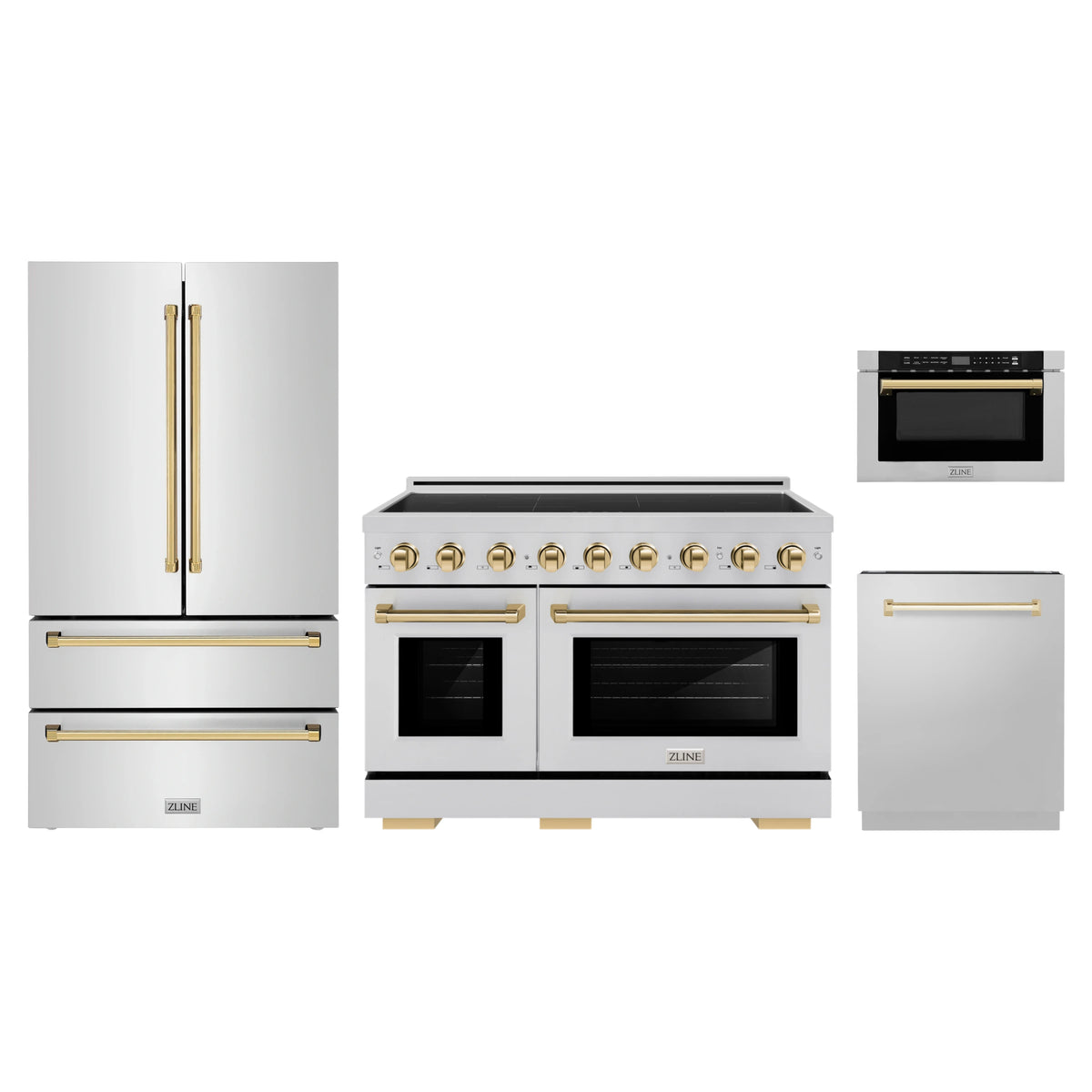 ZLINE 4-Piece Appliance Package - 48-Inch Paramount Induction Range, Refrigerator, Dishwasher, and 24-Inch Microwave Drawer in Stainless Steel with Gold Accents