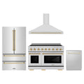 ZLINE 4-Piece Appliance Package - 48-Inch Autograph Edition Induction Range, Wall Mount Range Hood, 36-Inch French Door Refrigerator, and Dishwasher in Stainless Steel with Gold Trim