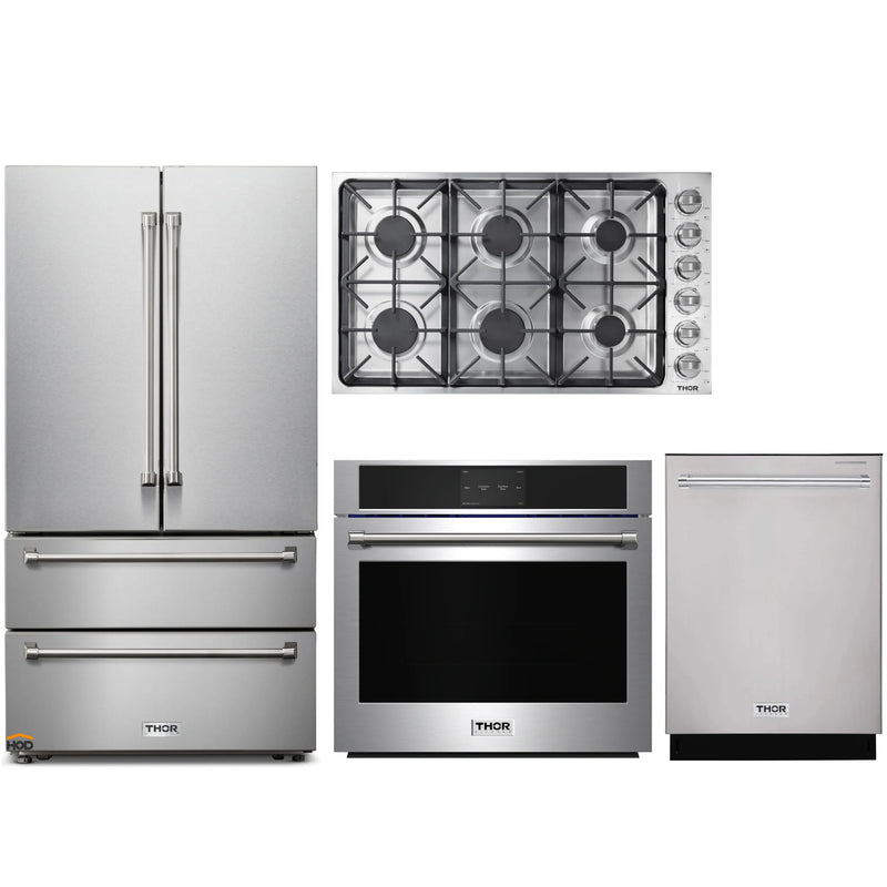 Thor Kitchen 4-Piece Pro Appliance Package - 36-Inch Gas Cooktop, Electric Wall Oven, Dishwasher & Refrigerator in Stainless Steel