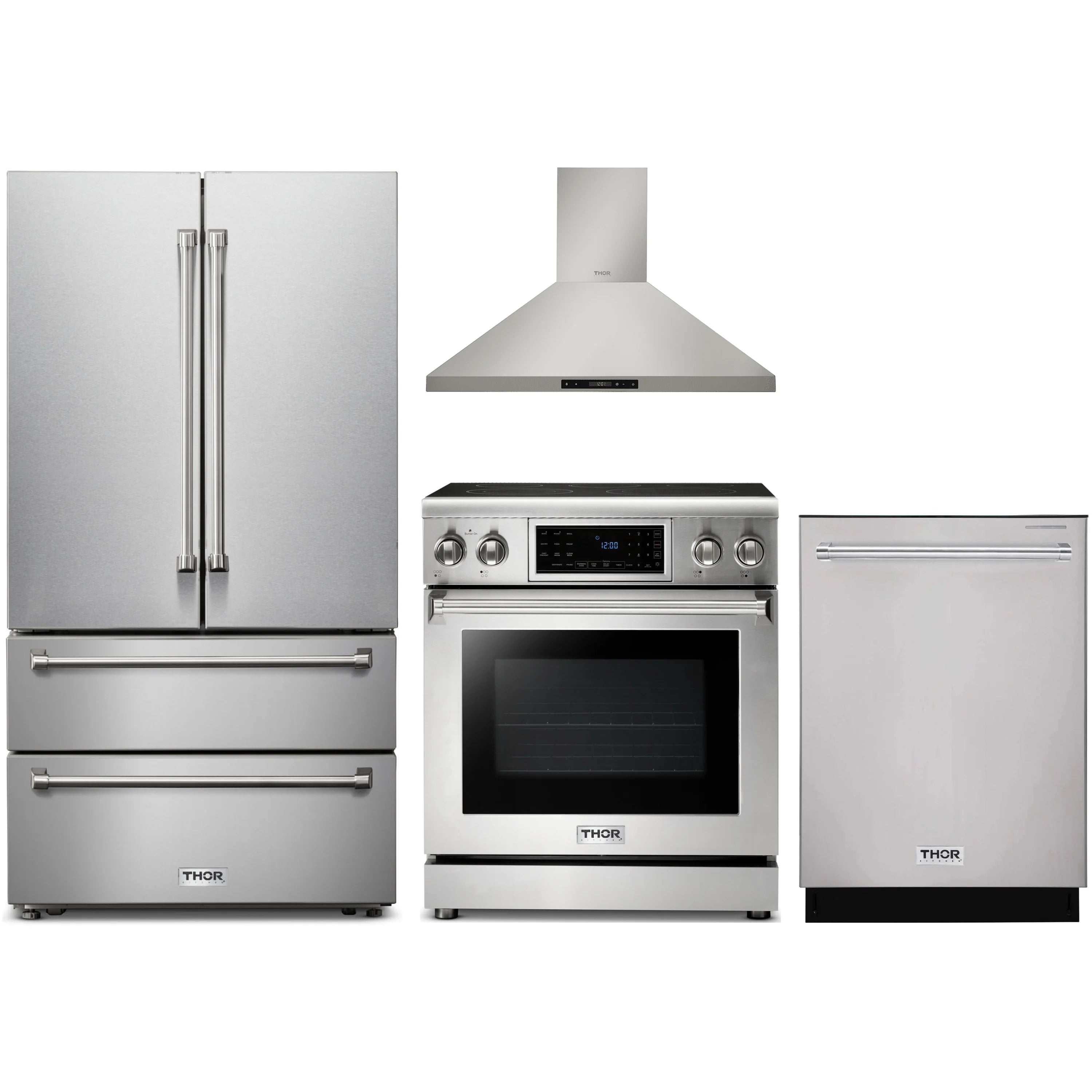 Stainless steel appliance package with refrigerator, electric range, hood, and dishwasher