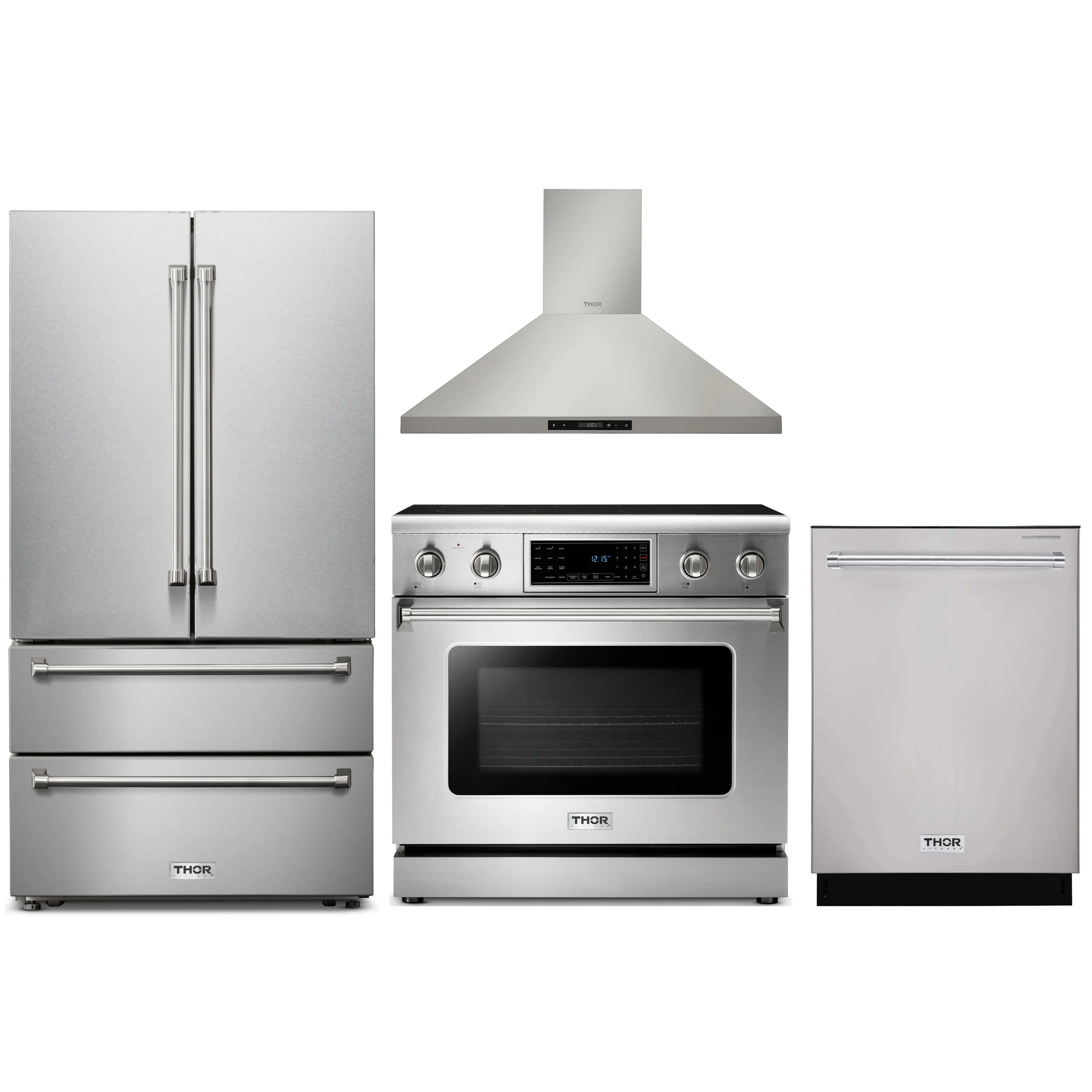 Stainless steel appliance package: electric range, wall hood, refrigerator and dishwasher
