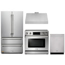 Thor Kitchen 4-Piece Appliance Package - 36-Inch Electric Range with Tilt Panel, French Door Refrigerator, Under Cabinet Hood, and Dishwasher in Stainless Steel