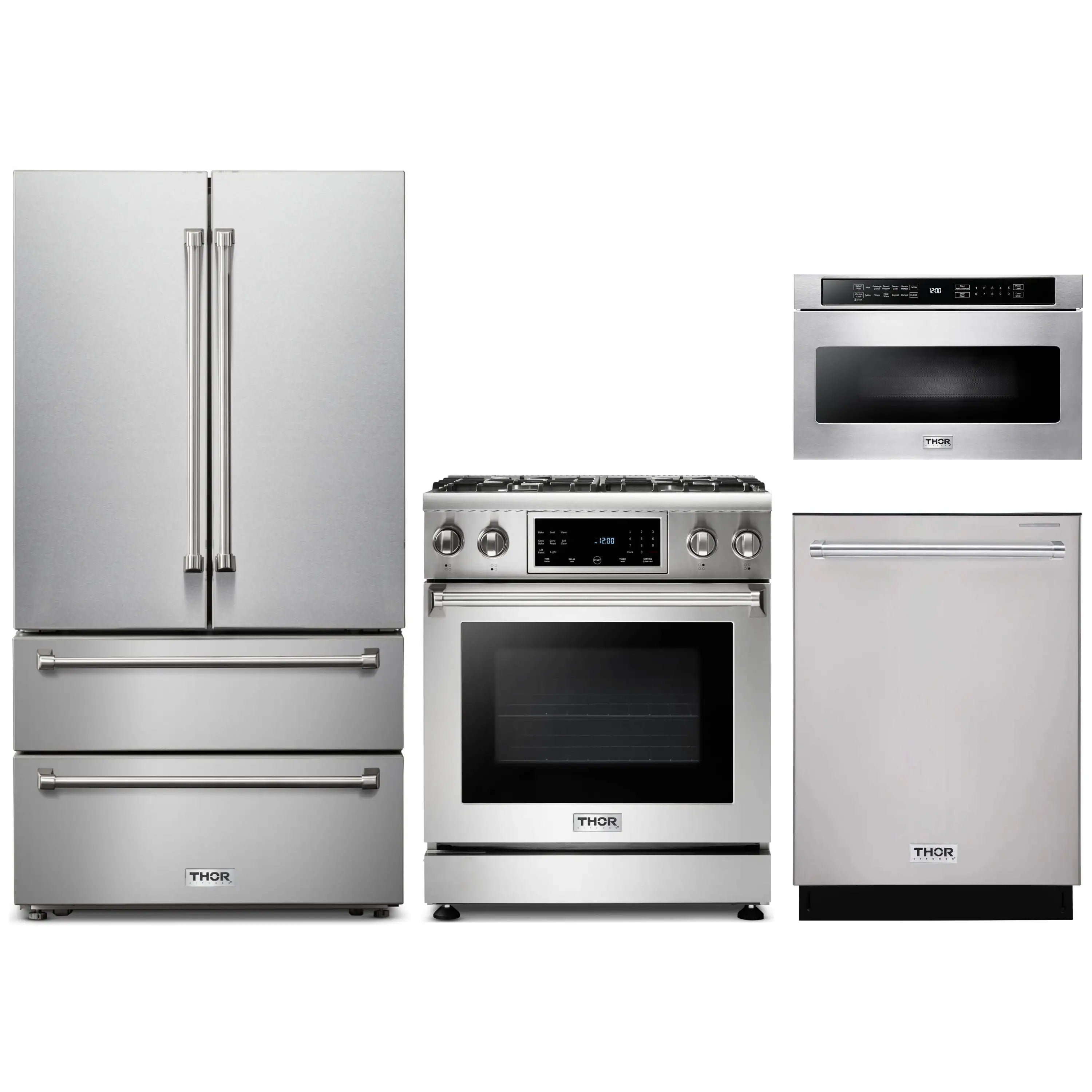 Stainless steel Thor 4-piece appliance set: refrigerator, gas range, microwave, dishwasher