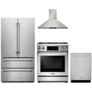 Thor Kitchen 4-Piece Appliance Package - 30-Inch Propane Gas Range, Tilt Panel, French Door Refrigerator, Wall Mount Hood, and Dishwasher in Stainless Steel