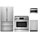 Thor Kitchen 4-Piece Appliance Package - 36-Inch Propane Gas Range, Tilt Panel, French Door Refrigerator, Dishwasher, and Microwave Drawer in Stainless Steel