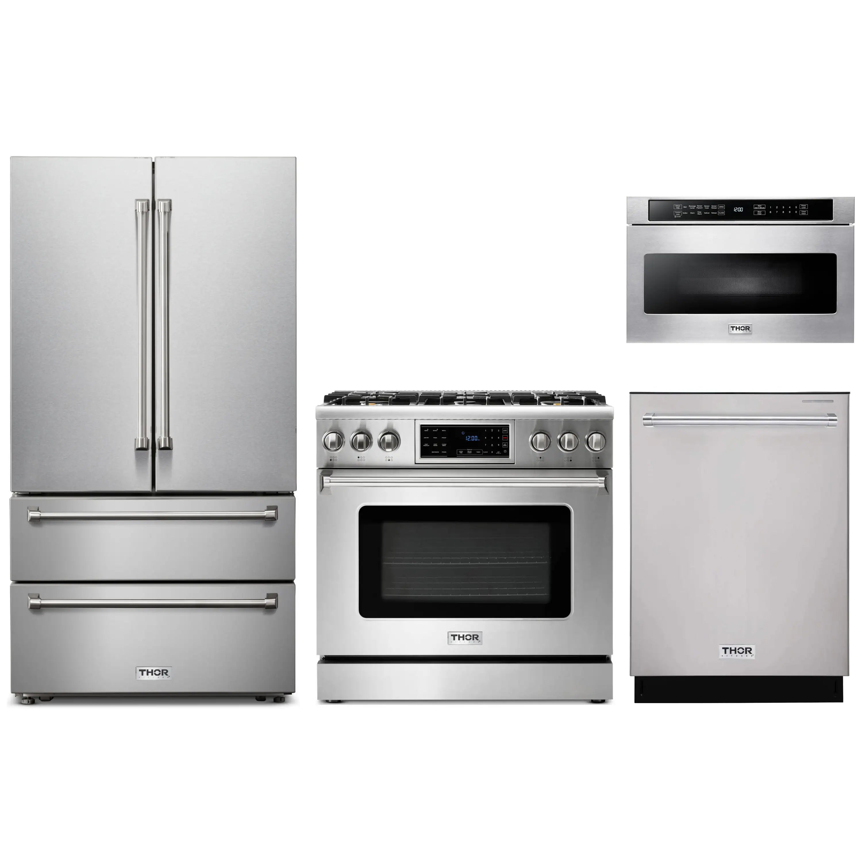 Stainless steel kitchen appliance set with refrigerator, gas range, and dishwasher