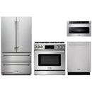 Thor Kitchen 4-Piece Appliance Package - 36-Inch Propane Gas Range, Tilt Panel, French Door Refrigerator, Dishwasher, and Microwave Drawer in Stainless Steel