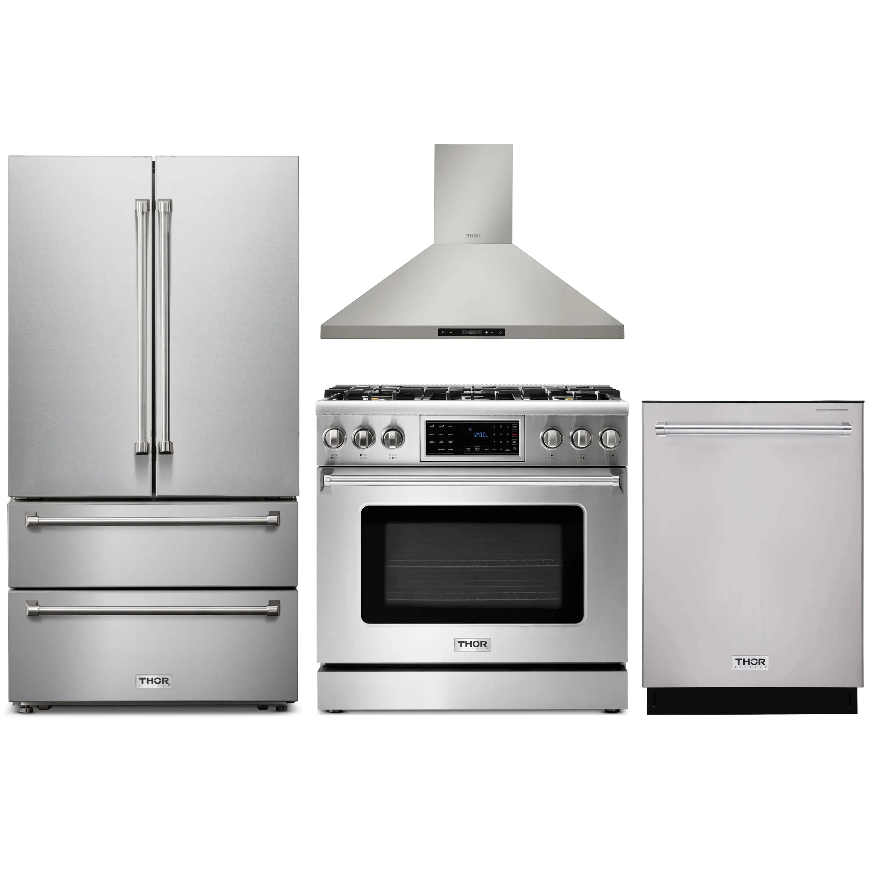 Stainless appliance package with range, hood, refrigerator, and dishwasher