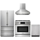 Thor Kitchen 4-Piece Appliance Package - 36-Inch Propane Gas Range, Tilt Panel, French Door Refrigerator, Pro-Style Wall Mount Hood, and Dishwasher in Stainless Steel