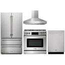 Thor Kitchen 4-Piece Appliance Package - 36-Inch Propane Gas Range, Tilt Panel, French Door Refrigerator, Pro-Style Wall Mount Hood, and Dishwasher in Stainless Steel