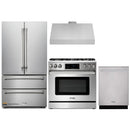 Thor Kitchen 4-Piece Appliance Package - 36-Inch Gas Range with Tilt Panel, French Door Refrigerator, Under Cabinet Hood and Dishwasher in Stainless Steel