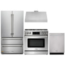 Thor Kitchen 4-Piece Appliance Package - 36-Inch Propane Gas Range, Tilt Panel, French Door Refrigerator, Under Cabinet Hood and Dishwasher in Stainless Steel