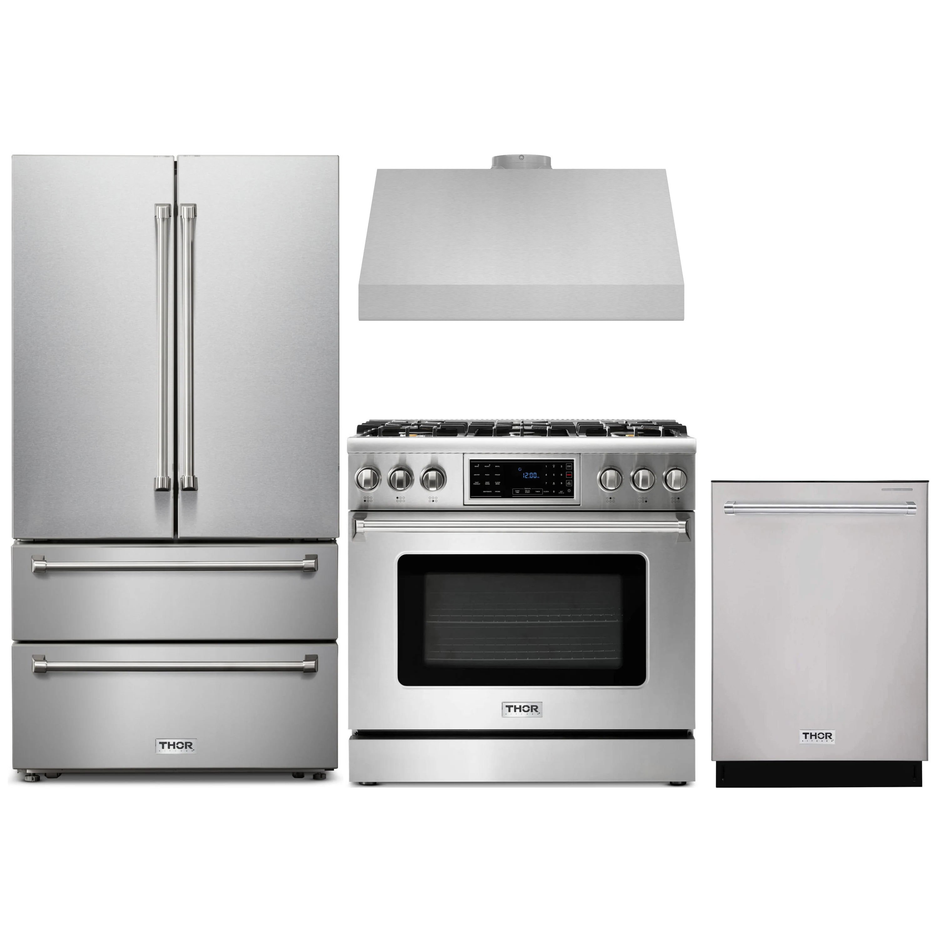 Stainless steel kitchen appliance package with range, refrigerator, hood, and dishwasher