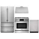 Thor Kitchen 4-Piece Appliance Package - 36-Inch Gas Range with Tilt Panel, French Door Refrigerator, Under Cabinet Hood and Dishwasher in Stainless Steel