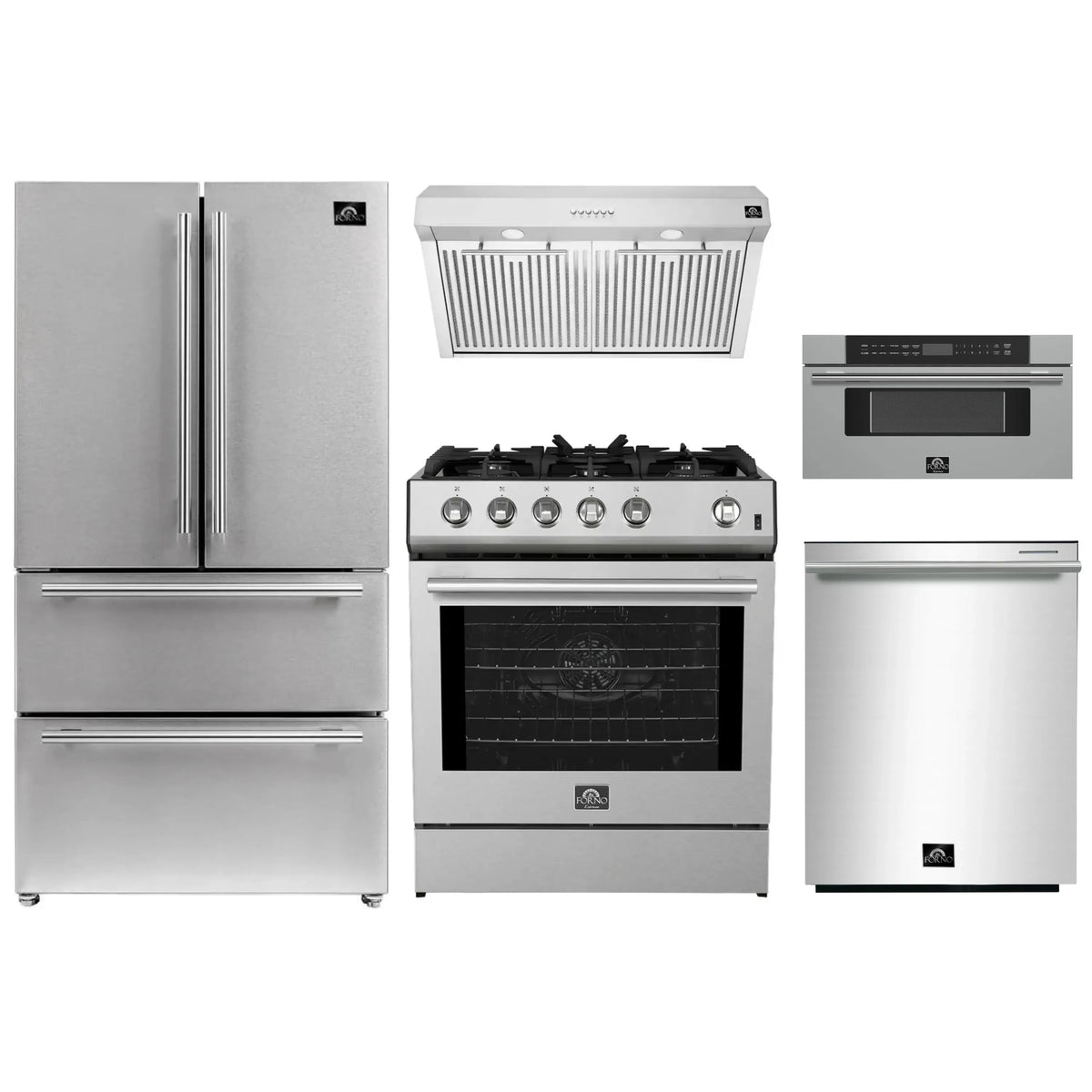 Forno 5-Piece Appliance Package - 30-Inch Gas Range, Under Cabinet Range Hood, Refrigerator, Dishwasher, and 30-Inch Microwave Drawer in Stainless Steel
