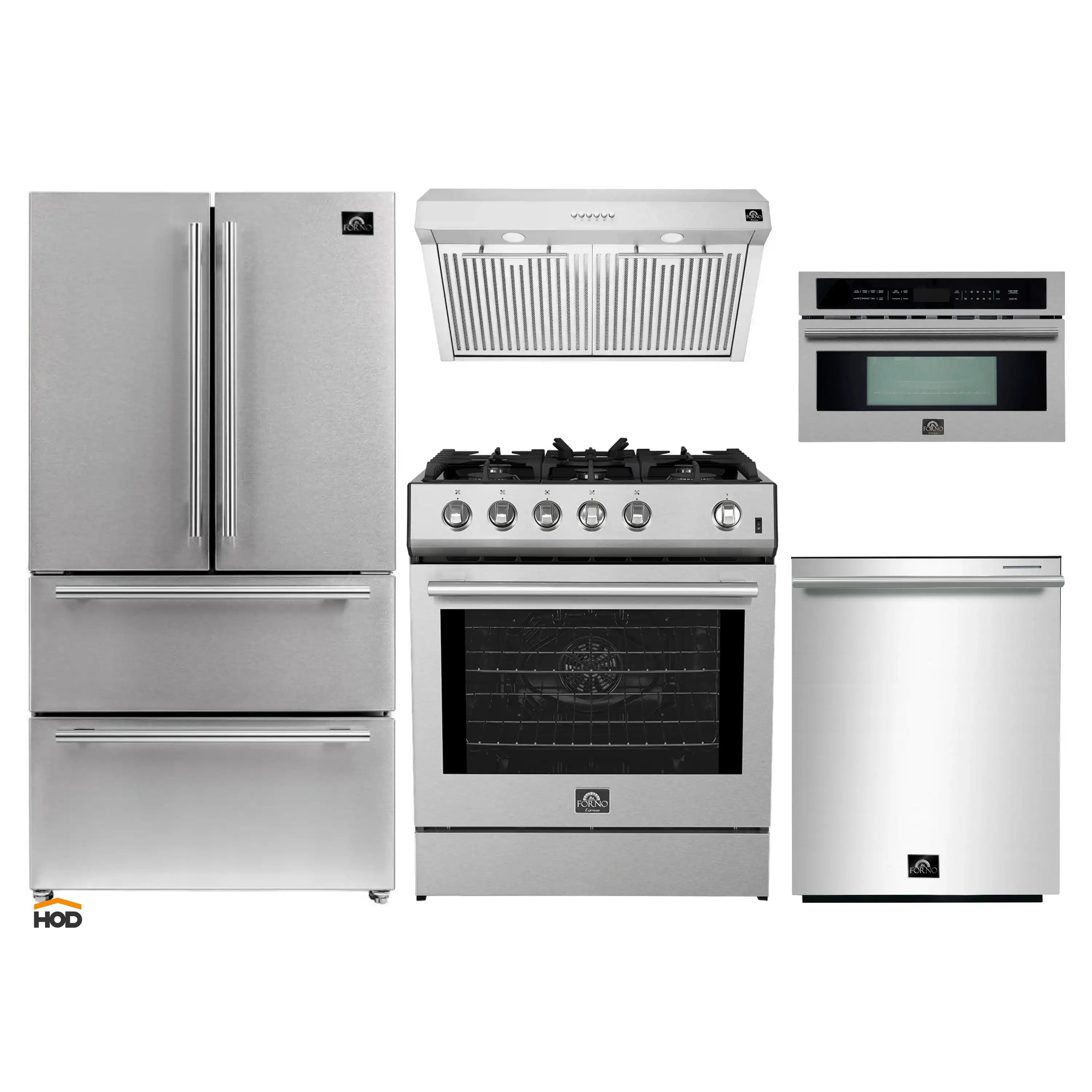 Stainless steel 5-piece appliance package with refrigerator, range, hood, dishwasher, microwave