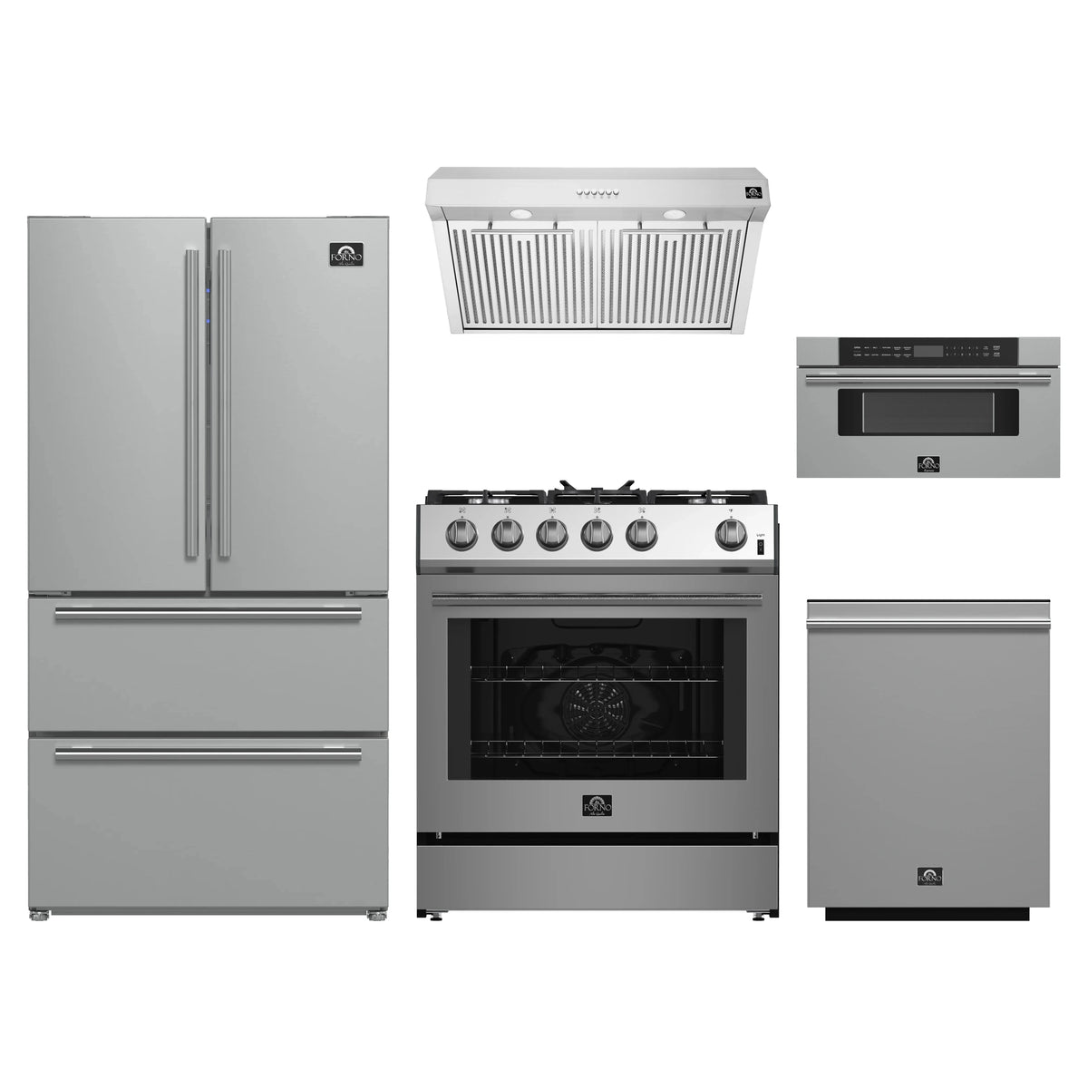 Forno 5-Piece Appliance Package - 30-Inch Gas Range, Under Cabinet Range Hood, Refrigerator, Dishwasher, and 30-Inch Microwave Drawer in Stainless Steel