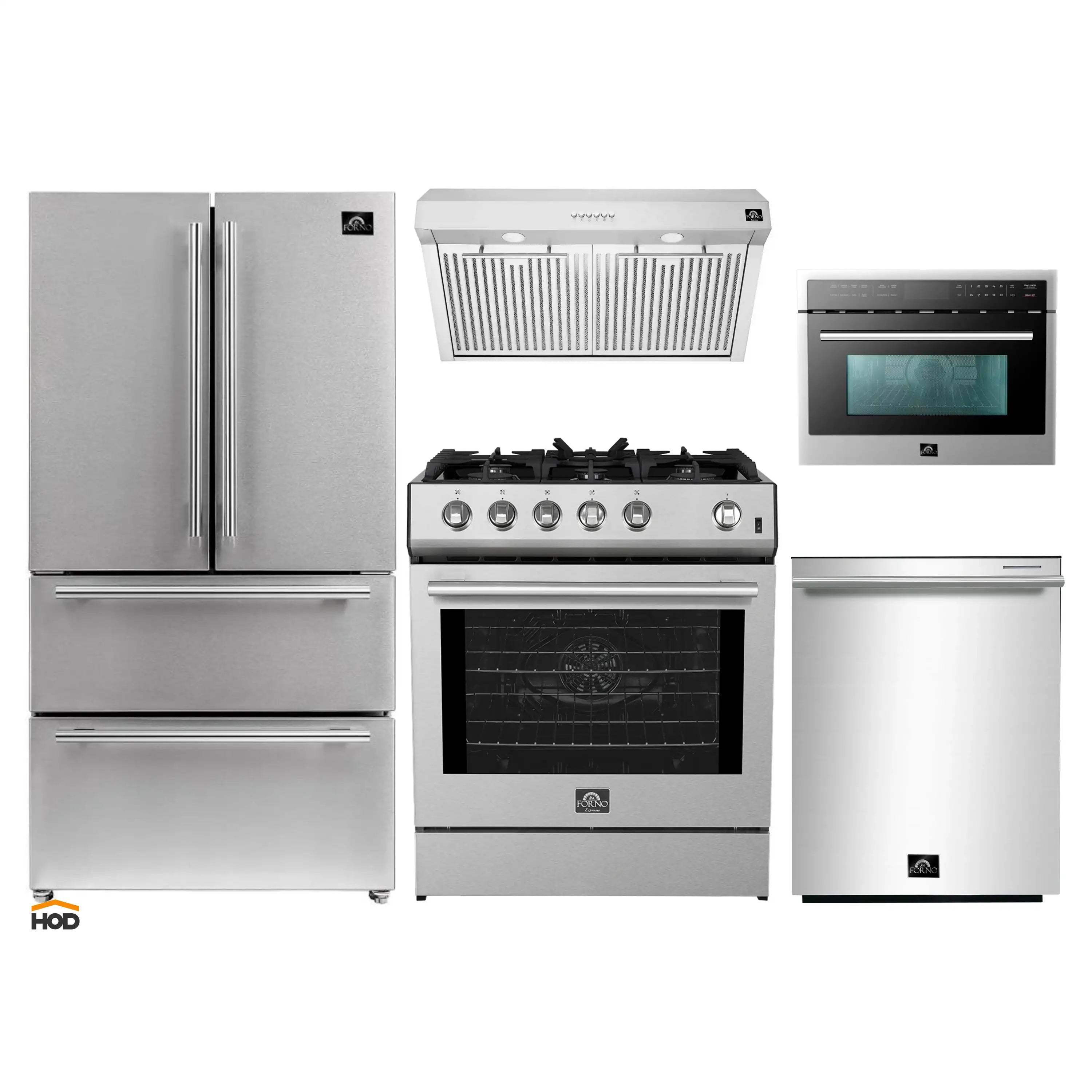 Stainless steel kitchen appliance set with refrigerator, range, hood, and microwave