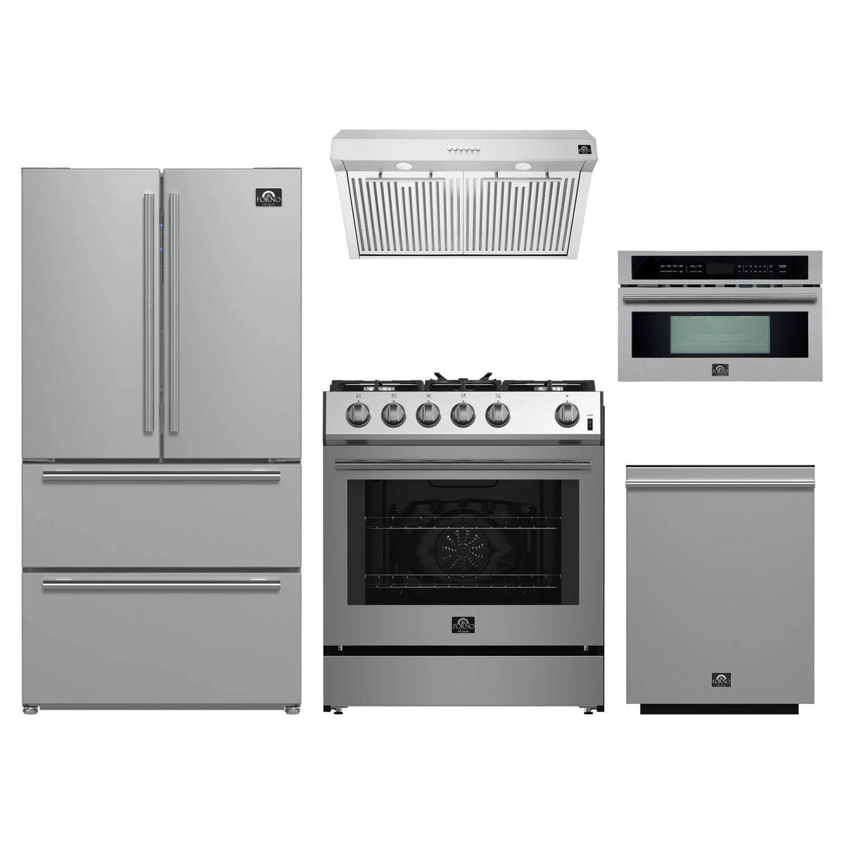 Forno 5-Piece Appliance Package - 30-Inch Gas Range, Under Cabinet Range Hood, Refrigerator, Dishwasher, and 30-Inch Microwave Oven in Stainless Steel