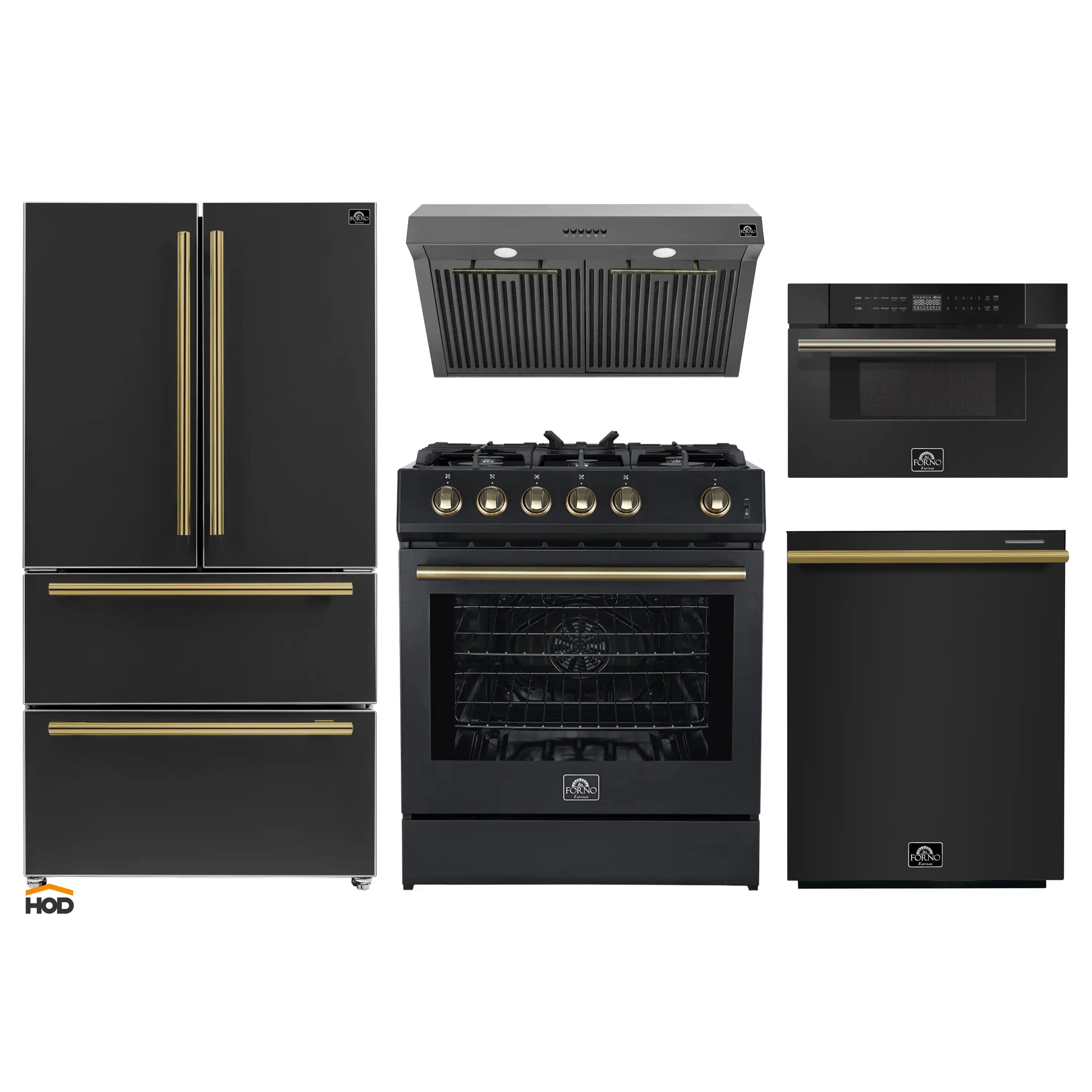 Black appliance package set with antique brass accents: refrigerator, range, hood, dishwasher