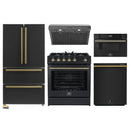 Forno 5-Piece Appliance Package - 30-Inch Gas Range, Under Cabinet Range Hood, Refrigerator, Dishwasher, and 30-Inch Microwave Drawer in Black with Antique Brass Trim