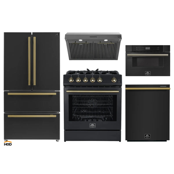 Forno 5-Piece Appliance Package - 30-Inch Gas Range, Under Cabinet Range Hood, Refrigerator, Dishwasher, and 30-Inch Microwave Drawer in Black with Antique Brass Trim