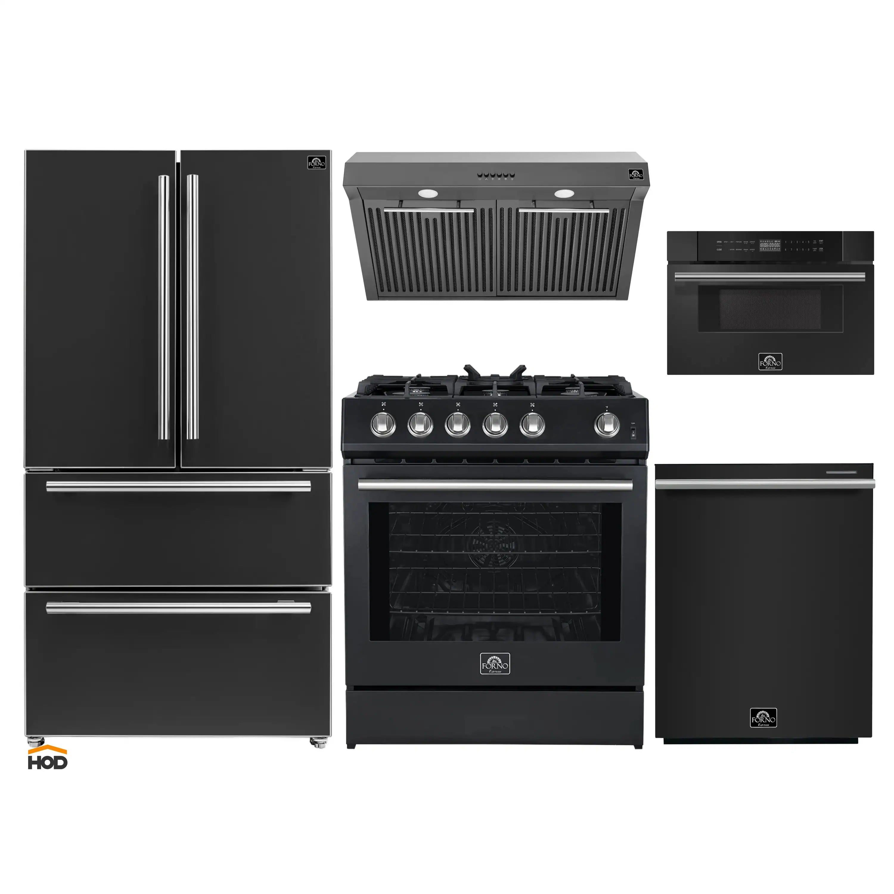 Black kitchen appliance package with stainless trim: fridge, gas range, hood, dishwasher, microwave