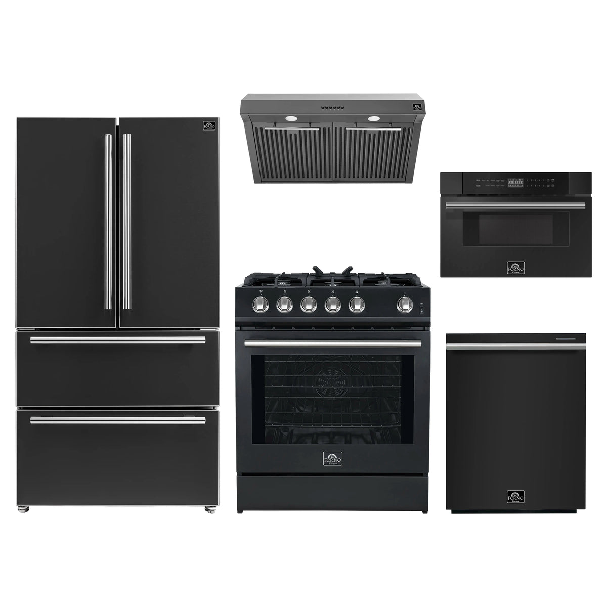 Forno 5-Piece Appliance Package - 30-Inch Gas Range, Under Cabinet Range Hood, Refrigerator, Dishwasher, and 30-Inch Microwave Drawer in Black with Stainless Steel Trim