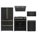 Forno 5-Piece Appliance Package - 30-Inch Espresso Gas Range, Under Cabinet Range Hood, Refrigerator, Dishwasher, and 30-Inch Microwave Drawer in Black with Antique Brass Trim