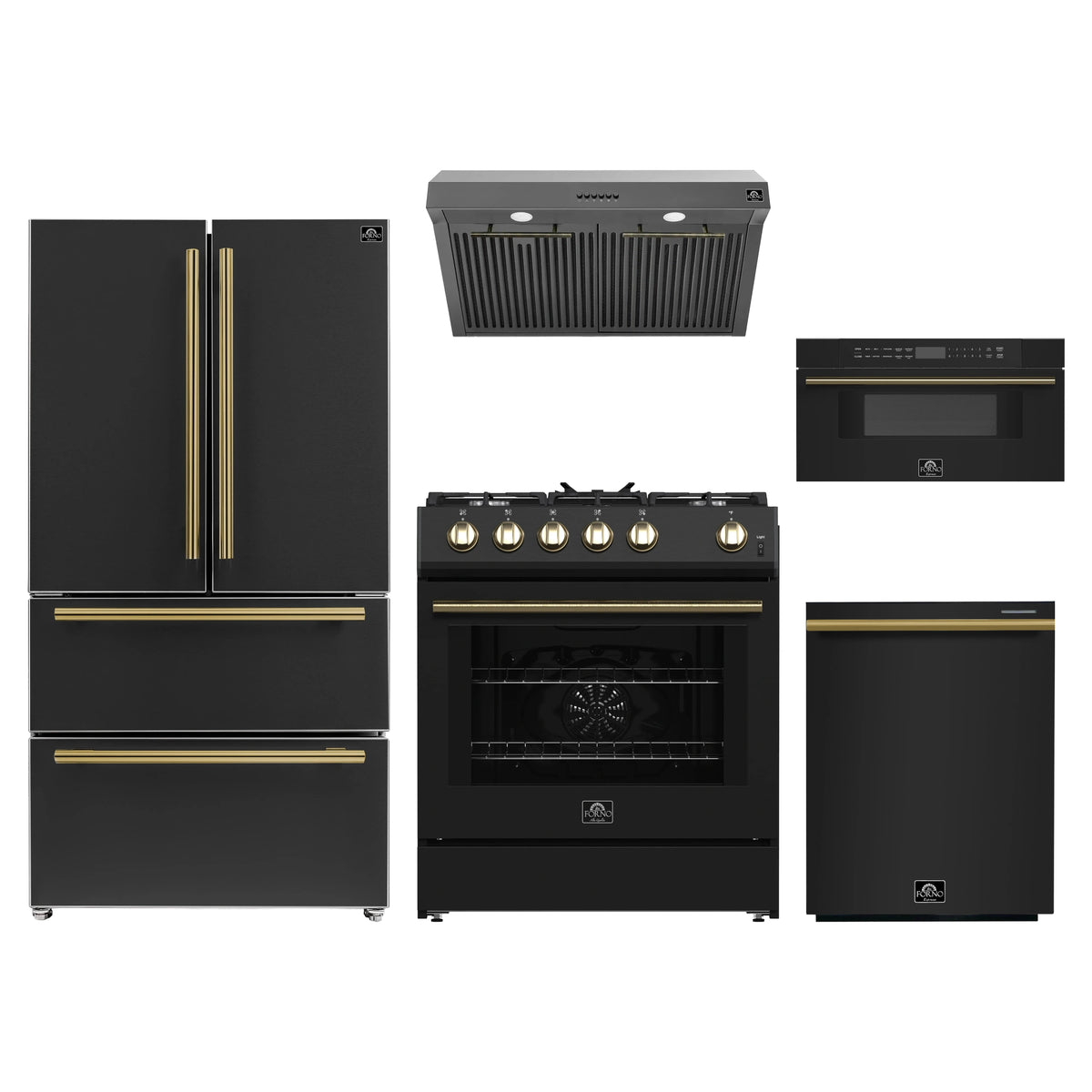 Forno 5-Piece Appliance Package - 30-Inch Gas Range, Under Cabinet Range Hood, Refrigerator, Dishwasher, and 30-Inch Microwave Drawer in Black with Antique Brass Trim
