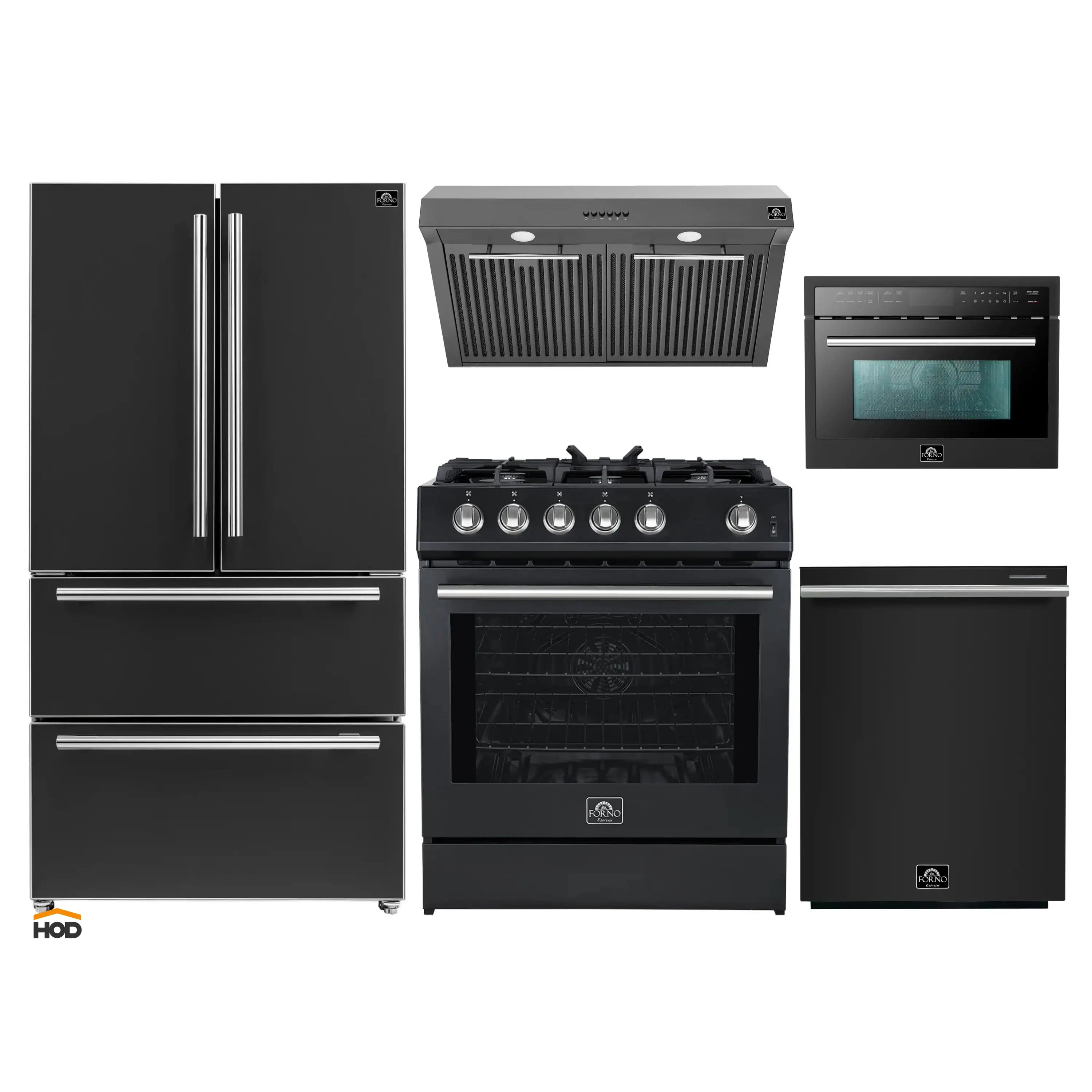 Black kitchen appliance set with refrigerator, gas range, hood, microwave, and dishwasher