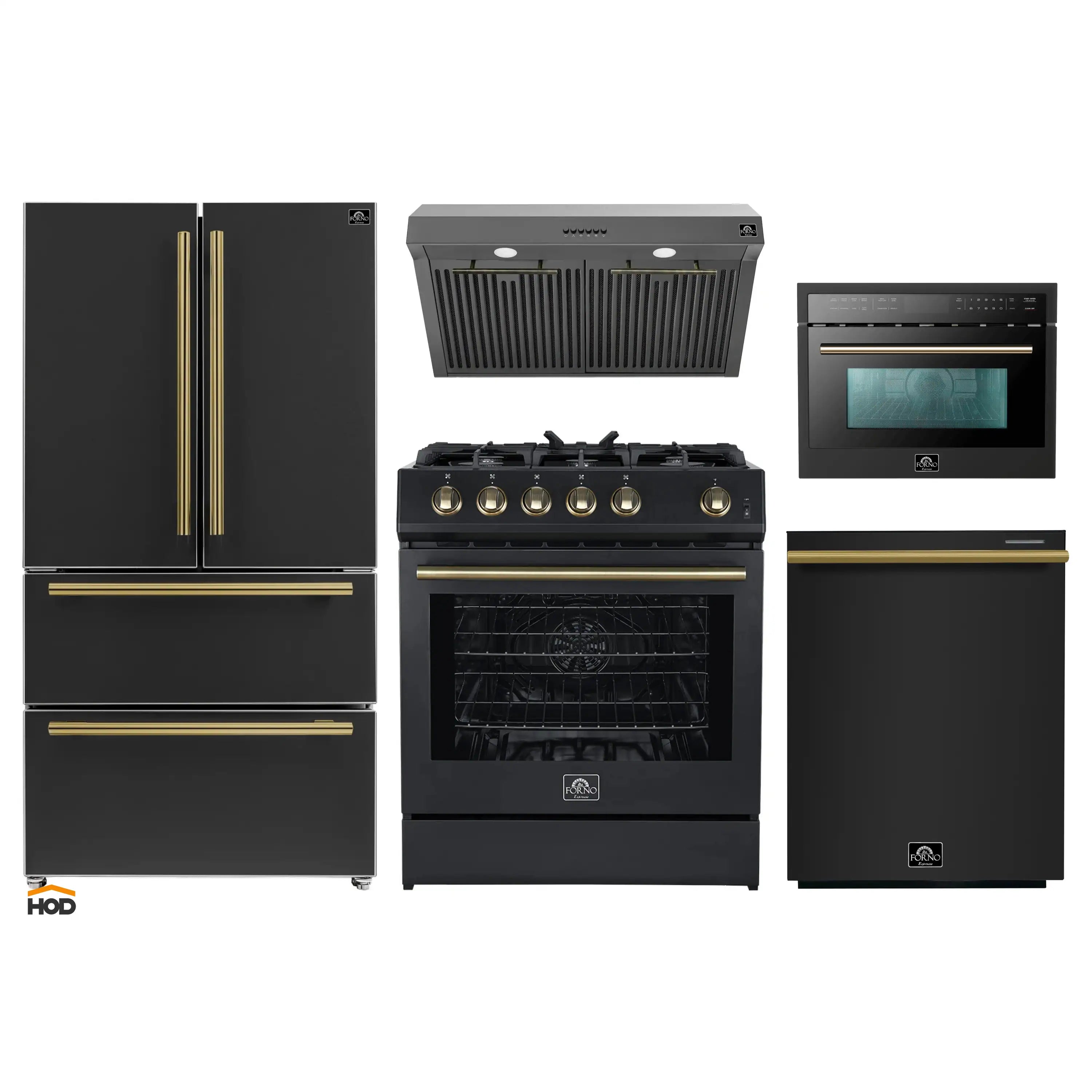 Black 5-piece appliance set with antique brass trim: range, hood, fridge, dishwasher, microwave