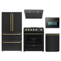 Forno 5-Piece Appliance Package - 30-Inch Gas Range, Under Cabinet Range Hood, Refrigerator, Dishwasher, and 24-Inch Microwave Oven in Black with Antique Brass Trim