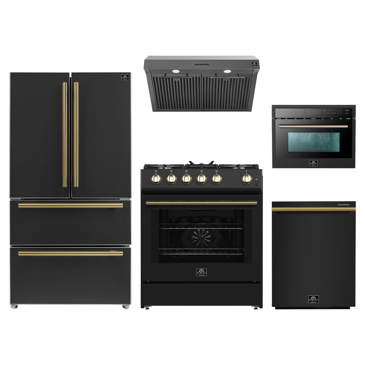 Forno 5-Piece Appliance Package - 30-Inch Gas Range, Under Cabinet Range Hood, Refrigerator, Dishwasher, and 24-Inch Microwave Oven in Black with Antique Brass Trim