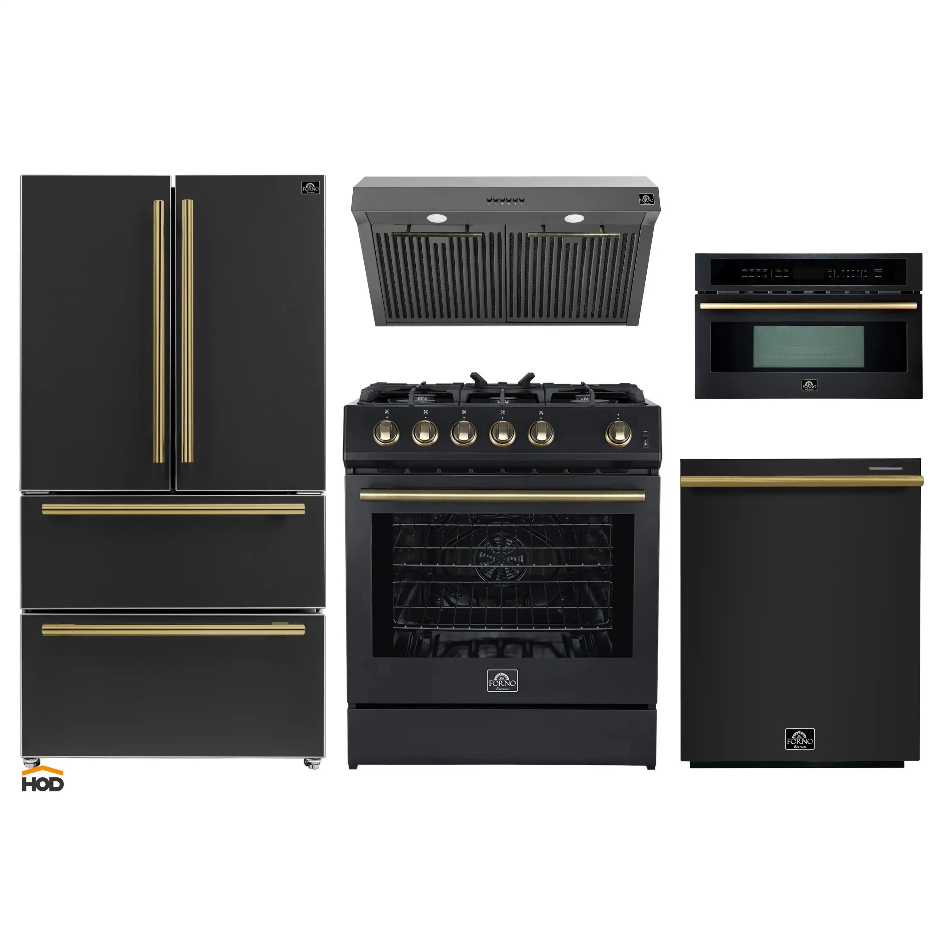 Black appliance package lineup with brass accents: refrigerator, gas range, dishwasher, microwave, hood