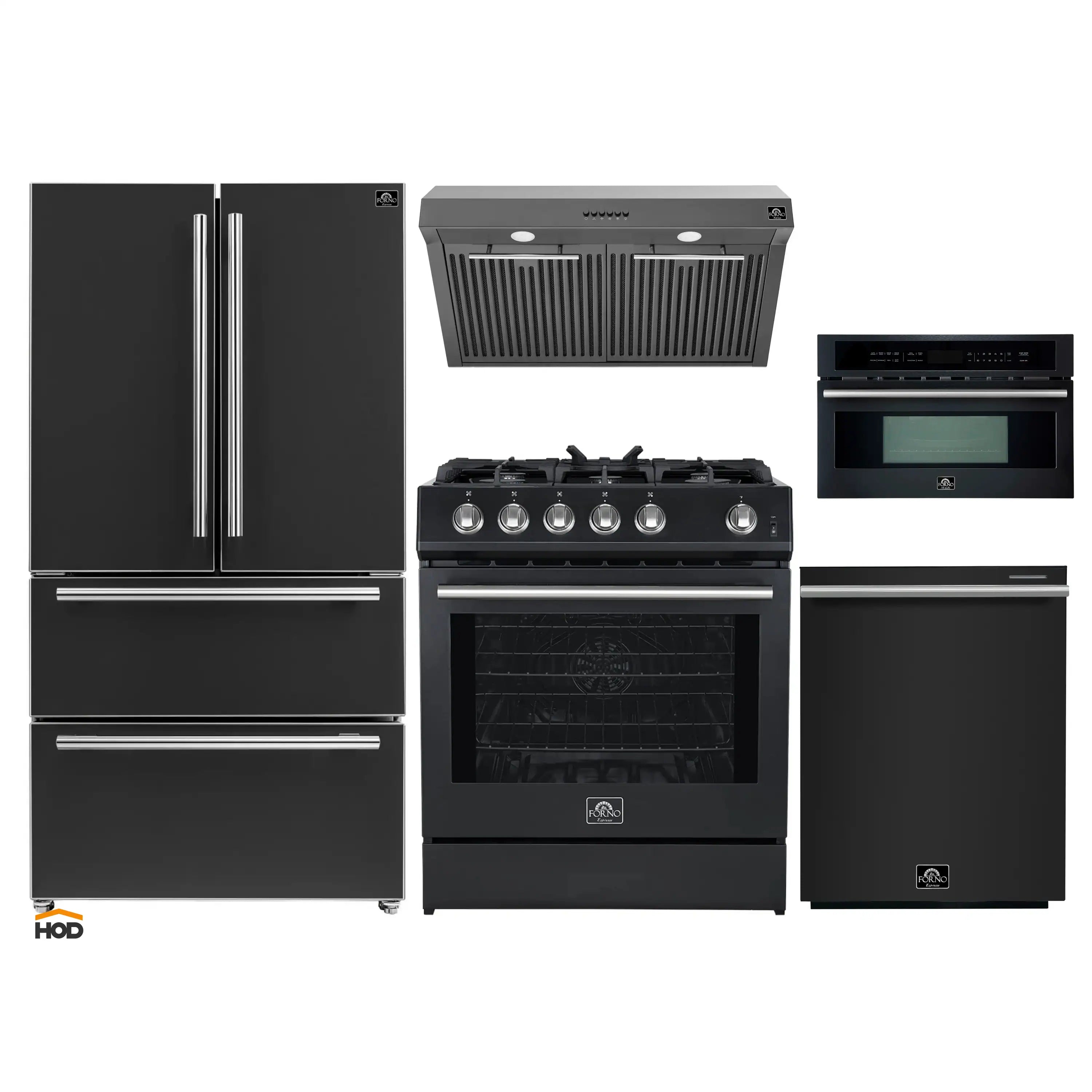 Black appliance package with stainless accents: fridge, gas range, hood, microwave, dishwasher