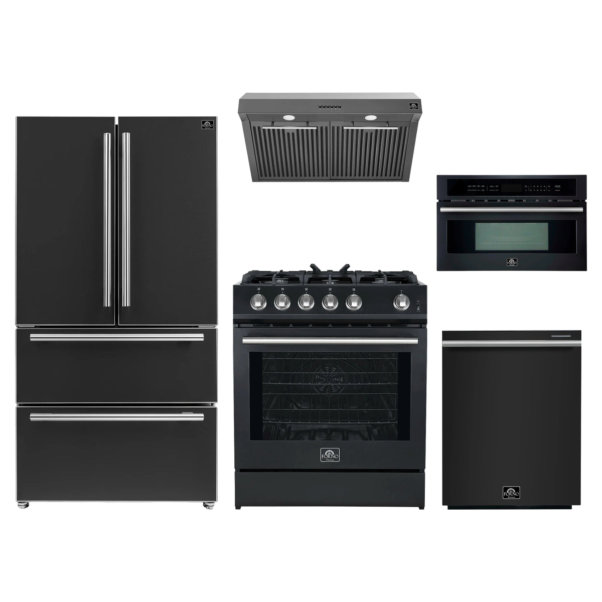Forno 5-Piece Appliance Package - 30-Inch Gas Range, Under Cabinet Range Hood, Refrigerator, Dishwasher, and 30-Inch Microwave Oven in Black with Stainless Steel Trim