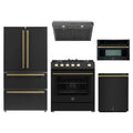 Forno 5-Piece Appliance Package - 30-Inch Gas Range, Under Cabinet Range Hood, Refrigerator, Dishwasher, and 30-Inch Microwave Oven in Black with Antique Brass Trim