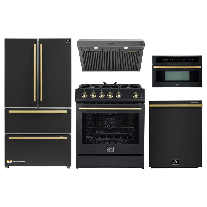 Forno 5-Piece Appliance Package - 30-Inch Gas Range, Under Cabinet Range Hood, Refrigerator, Dishwasher, and  30-Inch Microwave Oven in Black with Antique Brass Trim