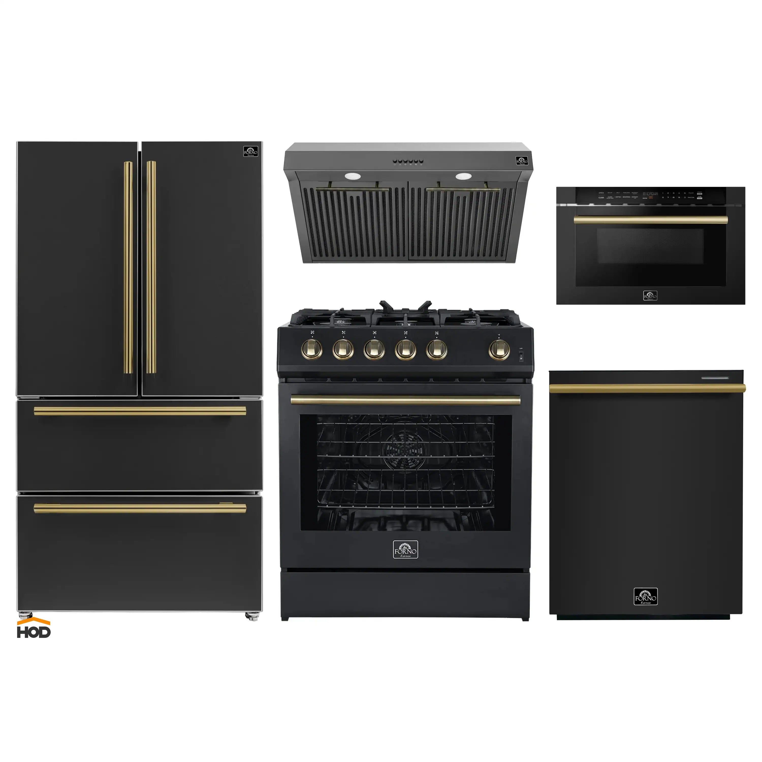 Black 5-piece kitchen appliance package set with antique brass trim
