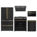 Forno 5-Piece Appliance Package - 30-Inch Gas Range, Under Cabinet Range Hood, French Door Refrigerator, Dishwasher, and Microwave Drawer in Black with Antique Brass Trim