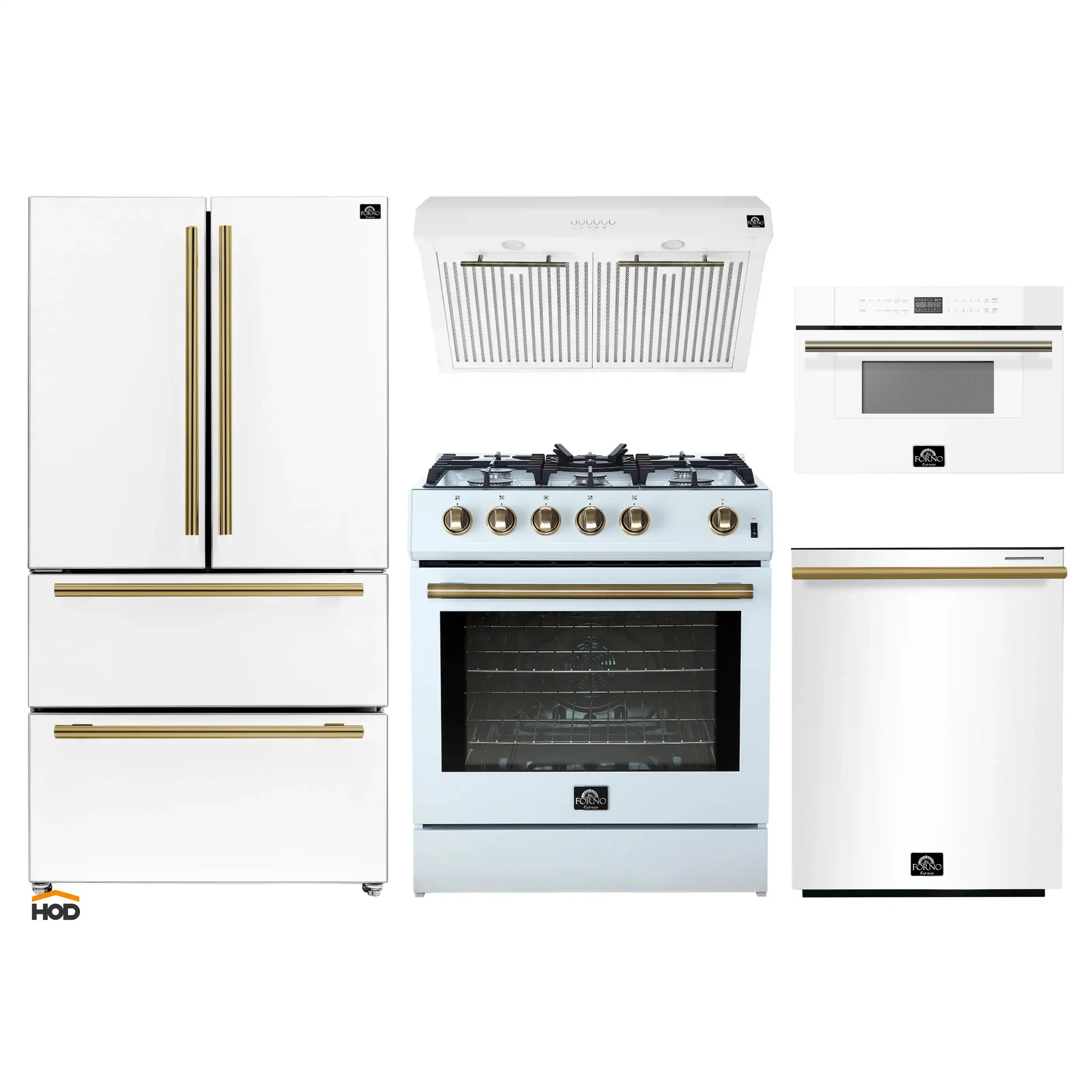 White 5-piece kitchen appliance set with antique brass accents: fridge, gas range, hood, microwave.